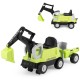 Green 2-in-1 kids ride-on tractor with digging arm, detachable trailer, and easy-to-grip levers for outdoor fun.