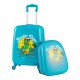 Kid luggage set featuring a blue hardshell suitcase and backpack with playful dinosaur patterns, perfect for travel.