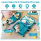 Kid luggage set featuring a blue hardshell suitcase and backpack with compartments for organized travel essentials.