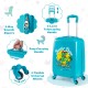 Hardshell blue suitcase from a kids' luggage set with a playful dinosaur design, featuring a telescoping handle and.