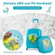 Close-up of the blue hardshell suitcase showing its reliable ABS material and playful dinosaur design, ideal for kids'.
