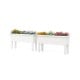 Two white raised garden beds with flowers, featuring self-watering design and detachable legs for versatile outdoor use.