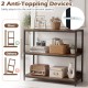 3-tier industrial bookshelf in rustic brown with metal frame and anti-tipping devices for safe wall attachment.