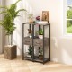 Three-tier gray metal plant stand with drawer, ideal for displaying plants and books in living room or office.