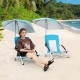 Two blue beach umbrella chairs with adjustable parasols, featuring UPF50+ protection and padded armrests for comfort.