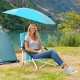 Beach umbrella chair with adjustable parasol in blue, featuring UPF50+ protection and comfortable padded armrests.
