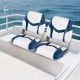 Two blue boat seats with thick cushions and PVC leather, designed for comfort and weather resistance on boats.