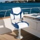 Ergonomically designed blue and white boat seat with thick cushions, ideal for comfortable marine seating.
