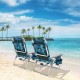 Two folding backpack beach chairs in navy, featuring a 5-position adjustable backrest, set up on a sandy beach.
