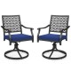 Set of two swivel outdoor chairs with navy cushions, steel base, and ergonomic design for comfort and stability.