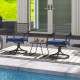 Two navy swivel outdoor chairs with soft cushions and a round steel base, perfect for poolside relaxation.