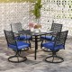 Swivel outdoor chairs with navy cushions and steel base, perfect for backyard relaxation and easy conversation.