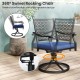 Navy 360° swivel rocking chair with soft cushion and round steel base, perfect for balcony or poolside relaxation.