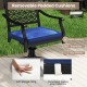 Swivel outdoor chair with removable navy cushion, featuring a round steel base and breathable design for backyard.