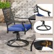 Swivel outdoor chair with navy cushion, curved armrests, and round steel base, perfect for backyard relaxation.