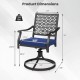 Swivel outdoor chair dimensions with navy cushion, steel base, and ergonomic design for backyard relaxation.