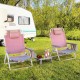 Two pink outdoor folding reclining chairs with a side table, perfect for camping and sunbathing.