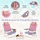 Two pink outdoor folding reclining chairs with padded headrests, adjustable positions, and a side table for convenience.
