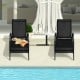 Two adjustable outdoor patio lounge chairs in black fabric, perfect for poolside relaxation and easy transport.