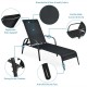 Outdoor patio lounge chair with adjustable reclining armrest, breathable fabric, and sturdy powder-coated steel frame.