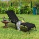 Black outdoor patio lounge chair with adjustable reclining armrest, perfect for poolside relaxation and backyard use.