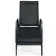 Black outdoor patio lounge chair with adjustable reclining armrest and breathable fabric, perfect for poolside.
