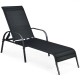 Black outdoor patio lounge chair with adjustable reclining armrest, made of breathable fabric and sturdy steel frame.