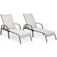 Set of 2 adjustable outdoor patio lounge chairs in gray fabric with sturdy powder-coated steel frame for poolside.