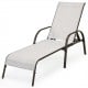 Gray outdoor patio lounge chair with adjustable reclining armrest, featuring a sturdy steel frame for stability.