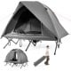 Foldable 2-person camping cot tent in grey, elevated design with waterproof rainfly, ideal for outdoor adventures.