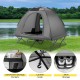 2-person grey camping cot tent with waterproof rainfly, elevated design, and storage pockets for organized camping.