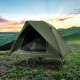 Foldable 2-person camping cot tent in green, elevated design for outdoor use, ideal for camping and backyard trips.