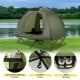 2-person camping cot tent in green, featuring waterproof design, dual mesh doors, and convenient storage pockets for.