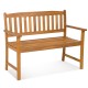 Acacia wood 2-person patio bench with backrest and armrests, featuring a slatted design for breathability and comfort.