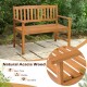 2-person patio bench made of natural acacia wood, featuring a slatted design and ergonomic armrests for outdoor comfort.