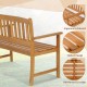 Acacia wood 2-person patio bench featuring ergonomic armrests, slatted design, and reinforced crossbar for stability.