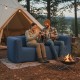 Blue 2-person portable blow-up sofa with detachable cover, ideal for outdoor relaxation by the campfire.