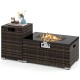 Outdoor rattan fire table set featuring a 32-inch gas firepit with a black tempered glass top and tank cover, ideal for.