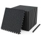 Interlocking rubber top exercise mats in black with blue speckles provide 96 sq.ft of cushioned support for workouts.
