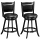 Set of 2 black swivel counter stools with upholstered seats, rubber wood construction, ideal for dining areas.