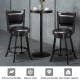 Two black swivel counter stools with upholstered seats and rubber wood construction, perfect for dining areas or bars.