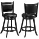 Two 24-inch black swivel counter stools with upholstered seats and rubber wood construction for dining or bar use.