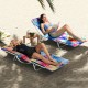Two women relaxing on vibrant pink beach recliners with adjustable backrests, perfect for poolside or beach use.