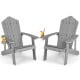 Two ergonomic silver Adirondack chairs with drink holders, perfect for porch and backyard relaxation.