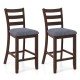Counter height chairs with fabric seat and rubber wood legs, featuring vintage design and comfortable foam padding.