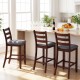 Counter height chairs with rubber wood legs and soft fabric seats, showcasing vintage elegance for a cozy dining.