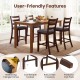 Counter height chairs with fabric seats and rubber wood legs, featuring a vintage design and comfortable footrest.
