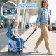 Kid's blue carry-on luggage set with spinner wheels, adjustable handle, and multifunctional design for travel.