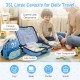 Kid luggage set in blue with spinner wheels, featuring compartments for toys, books, and clothes, ideal for travel.