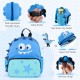 Kid's blue backpack featuring wide adjustable straps, safety buckle, and side water cup pocket for easy travel.